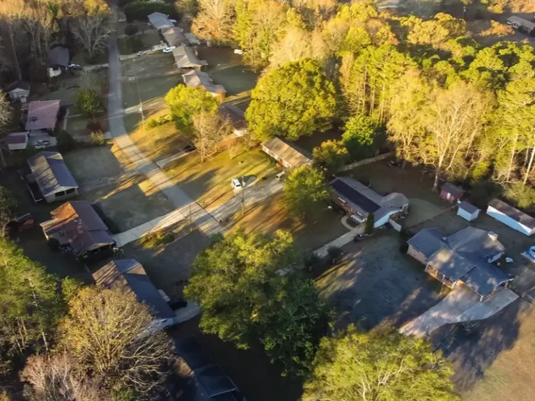 Aerial view of a suburban neighborhood with houses and trees.