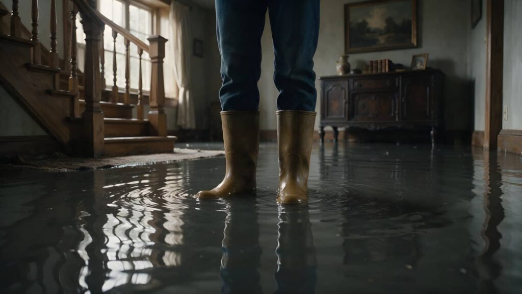 Person standing in a flooded house wearing rubber boots.