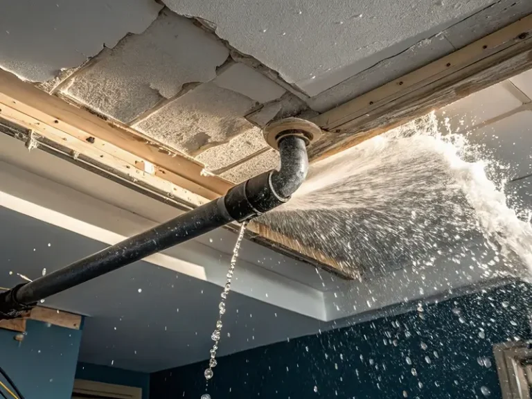 Burst pipe spraying water through a damaged ceiling.