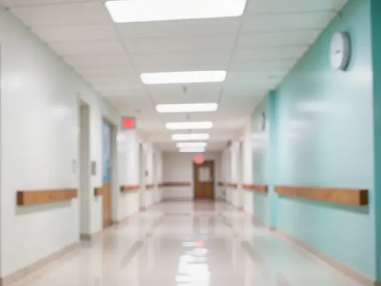 Empty hospital hallway with fluorescent lights and handrails.