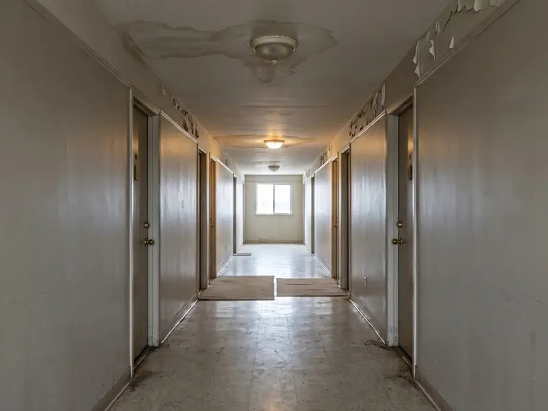 Dim apartment hallway with multiple doors and a window at the end.