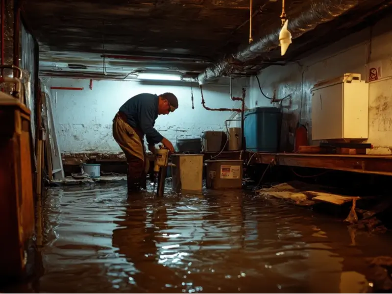 Man pumping water from a flooded basement.