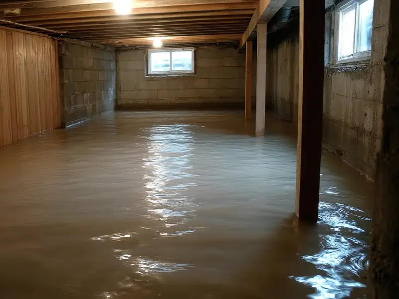 Flooded basement with standing water and exposed beams.