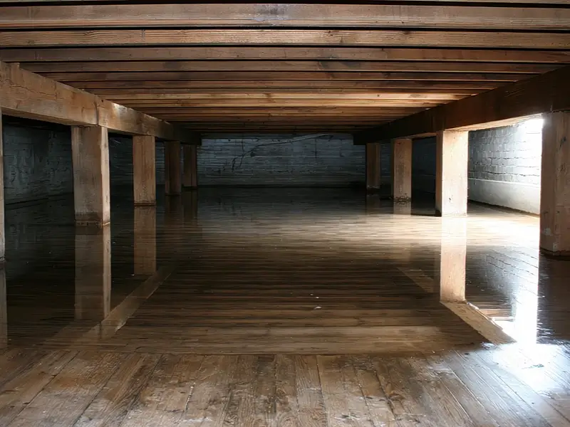 Flooded wooden basement under a low ceiling.