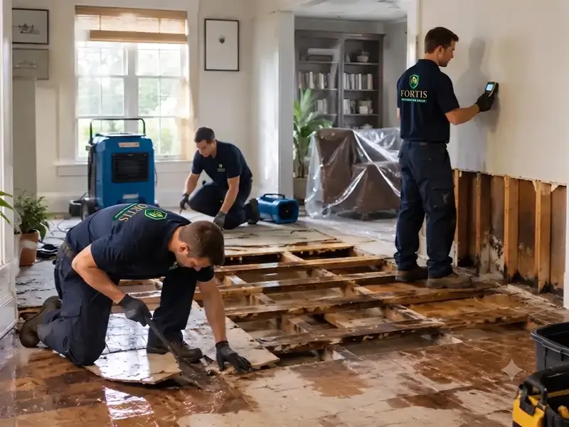 Workers removing water-damaged flooring in a flooded room.