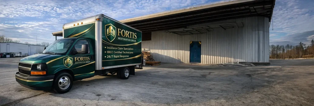 Fortis Restoration Group box truck parked outside a warehouse.
