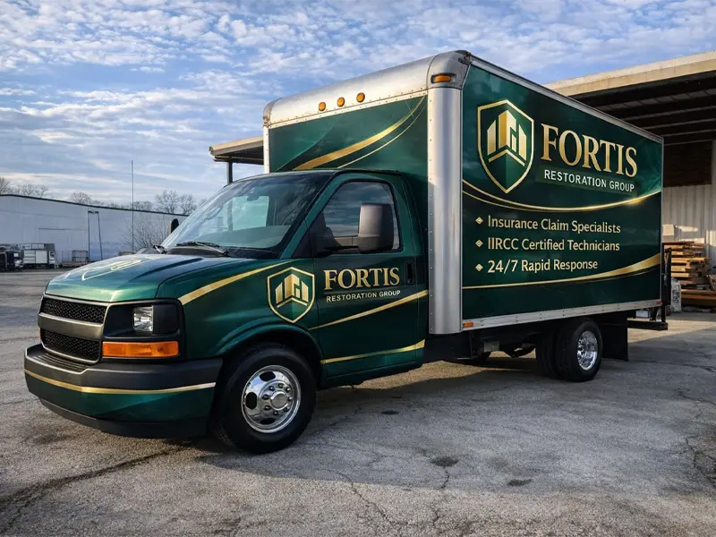 Green Fortis Restoration Group box truck parked outdoors.