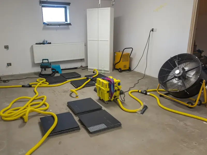 Water damage drying equipment in a room with hoses, fans, and dehumidifiers.