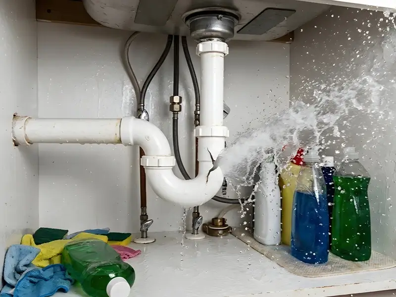 Burst under-sink pipe spraying water onto cleaning bottles.