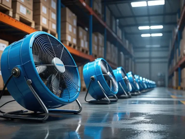 Row of blue industrial fans in a warehouse aisle.