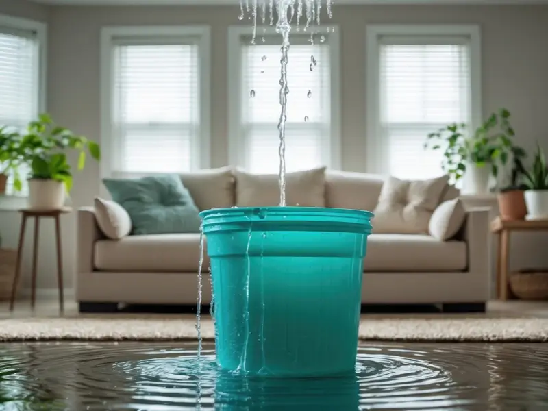 Water pouring into a bucket in a flooded living room.