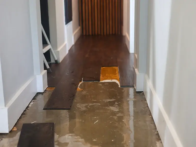 Partially removed hardwood flooring in a hallway.
